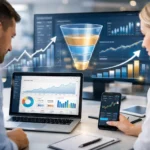 Forex broker SEO conversion funnel with organic traffic growth charts and performance analytics on screens.