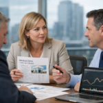 Business professionals reviewing a medical clinic investment report during an office meeting