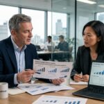 Investment team digital growth meeting with financial charts.